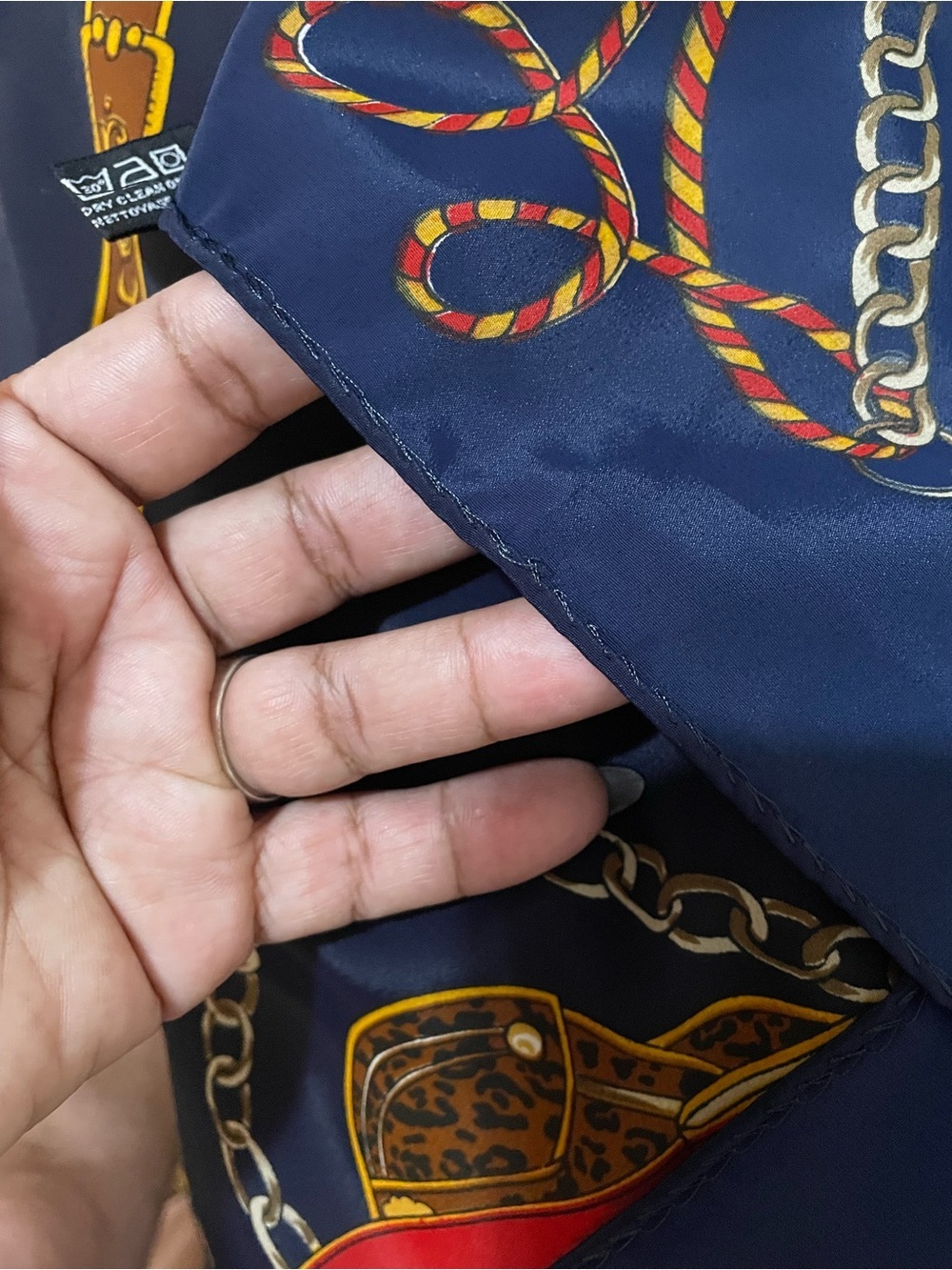 Hermès Navy Silk Scarf with Gold and Orange Harness Motif - Picture 16 of 16